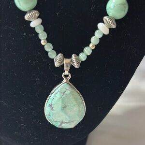 Hand Crafted Green and Silver Necklace with Teardrop Pendant